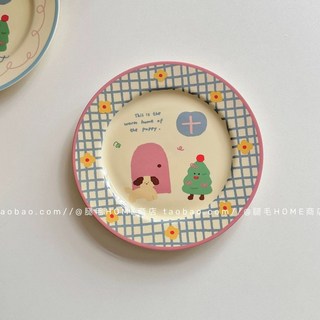 韓國可愛童趣插畫陶瓷餐具套裝葫蘆手握咖啡杯飯碗甜品碗早餐盤餐具沙拉碗湯麵碗飯碗餐碗, 小狗的家-圓盤/格子, 1個