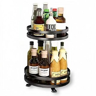 슈퍼인 다용도 2단 무타공 주방 철제 스텐 양념 수납 회전 선반, 블랙, 1개