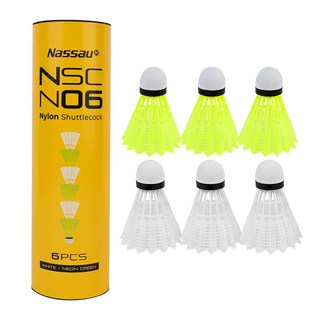 낫소 셔틀콕 나일론 N06 배드민턴공 6개입, 옐로우 / 화이트, 1개