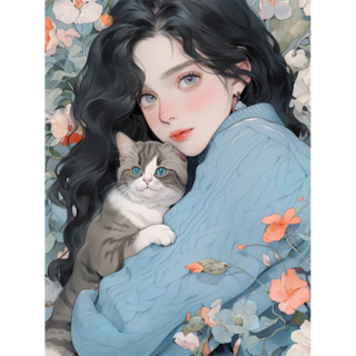 꽃속 고양이 안고 있는 걸 우드 조각퍼즐 행운소녀 미녀 미인도 북유럽 감성 인물화 컬렉션그림퍼즐 300 500 700 1000조각, 꽃속 고양이 안고 있는 걸 일러스트퍼즐5, 1000피스, 1개