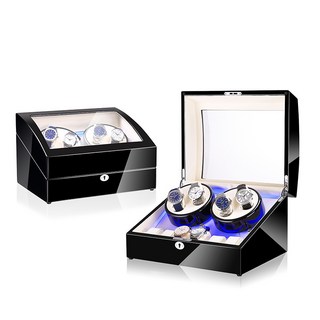 自動上鍊盒 鋼琴烤漆 全自動靜音 四格搖錶器 六格收藏盒 開蓋停 LED氣氛燈, 1個, 黑白