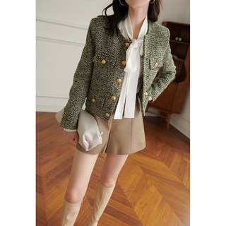 【小香風短款】毛呢外套 女款外套 粗花呢外套 春季外套 短款外套 綠色無領設計 羊毛混紡 2026春季新款 通勤約會穿搭