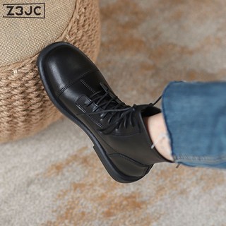 Z3JC 軟皮顯腳小馬丁靴女保暖春秋新款英倫風平底繫帶加絨短靴單靴