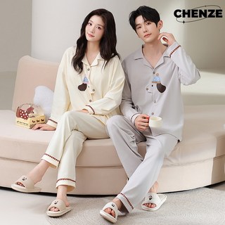 CHENZE 편안하고 부드러운 커플 잠옷 세트 순면 긴팔 홈웨어 잠옷