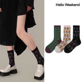 Hello Weekend 여성 배색 겨울 양말 중목 양말 장목 양말 중목 양말 운동 패션 순면 양말 3족 세트