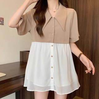 S-4XL 大尺碼雪紡拼接黑色短袖襯衫 大碼寬鬆顯瘦法式上衣