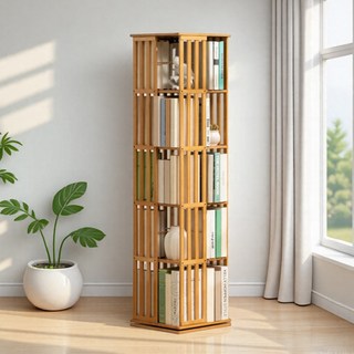 하루꿈 원목 360도 회전 책장 (아이방/사무실/거실) 다기능 수납장, 5단, 원목색