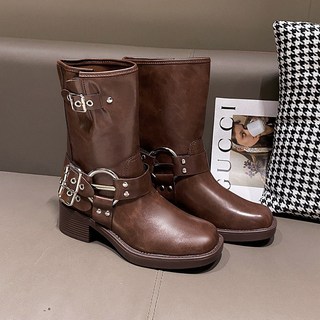 厚底馬丁靴女西部牛仔靴皮帶扣騎士靴