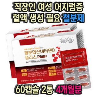 직장인 여성 어지럼증 혈액생성 필요 비타민D 철분제 60캡슐 2통 4개월분 헴철 임신부 수유부 임신초기 자궁에좋은 음식 영양제, 2개