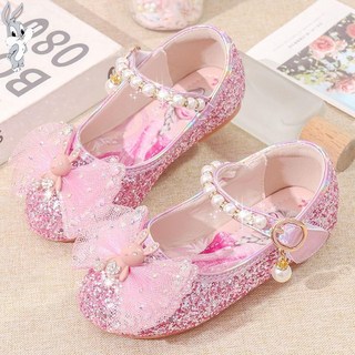 女童公主鞋 兒童皮鞋軟底寶寶鞋 蝴蝶結水晶鞋 2025新款艾莎鞋 春秋款