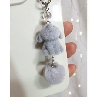 아기 코끼리 드롭 폼폼이 폰줄 인조 페이크퍼 비건 북마크 우정 선물 휴대폰 핸드폰 하트 부착 고리 하늘색 블루 소라 그레이 인조 밍크 퍼방울 털방울 크리스마스 겨울, 1개, 그레이/군번줄