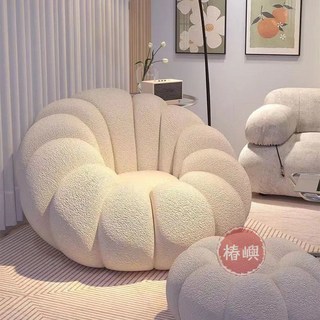 椿嶼 懶人沙發南瓜椅子 單人奶油風 可躺可睡 小戶型臥室小沙發陽臺休閒椅, 米色沙發+腳蹬【舒適雪花絨】,【80*80*50】標準版, 1個