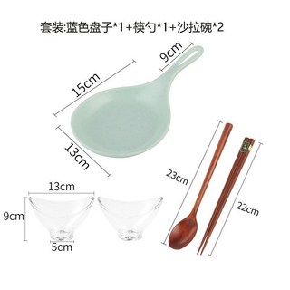 桃園出貨 韓版大勺子 白色網紅餐具韓系手持碟 網紅勺 手柄盤 單柄盤 網紅手拿碟 柄盤子有柄手拿接菜盤子, 套裝（藍色盤+筷勺+沙拉碗）, 1個