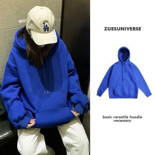 S-5XL 大尺碼帽T 克萊因藍加絨連帽衛衣 寬鬆慵懶風長袖上衣