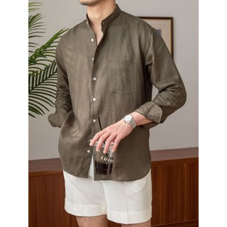 男士亨利領上衣 純亞麻透氣長袖襯衫 通勤輕熟休閒百搭度假立領襯衣