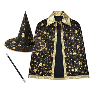 JL매직 별무늬 망토+모자+지팡이 마법사 의상 세트 할로윈 크리스마스 의상, 블랙, 1세트