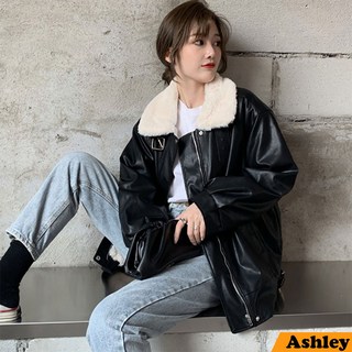 韓版寬鬆刷毛加厚中長款仿羔羊毛長袖PU皮衣外套女裝
