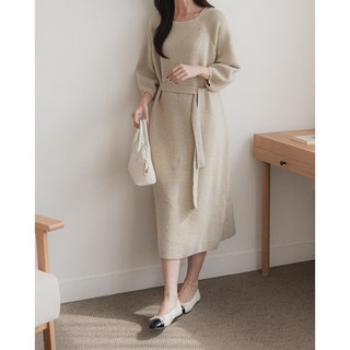 하찌 허리끈 벌룬소매 롱 니트원피스