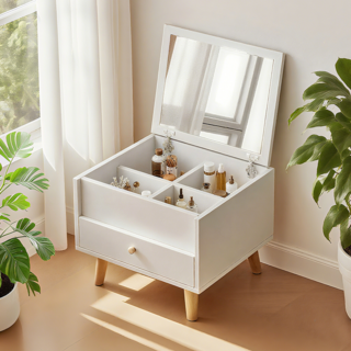 KOTTII 좌식 화장대 거울과 수납 서랍이 달린 미니 화장대, 화이트