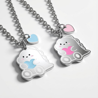 미아방지 목걸이 하트 공룡 써지컬스틸 아기 아동 팔찌, 1개, 실버