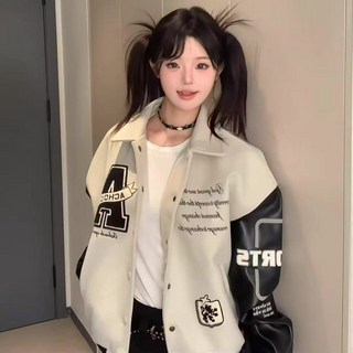 pu皮字母刺繡棒球服外套女鞦鼕美式複古寬鬆情侶翻領飛行夾剋上衣