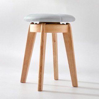 원목나무 원형 쿠션 회전 스툴 우드 화장대의자 PU가죽 간이의자, 브라운, 1개