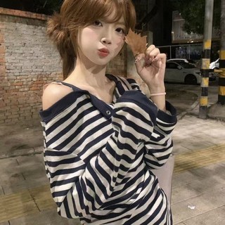 一字條紋韓系秋季新款溫柔長袖INS超火早秋顯瘦上衣