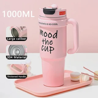 1000ML 열 물병 32oz 대용량 밀짚 스테인레스 스틸 보온병 차갑고 뜨거운 컵, 01 1000ml, 01 빠른, 04 Pink