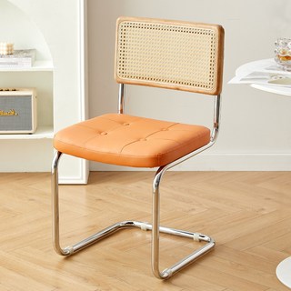 復古藤編餐椅 餐椅 餐桌椅 藤編椅 弓形椅 餐廳椅 中古椅 民宿椅子 咖啡廳休閒椅, 1個, 啞光超纖桔色/原木色靠背