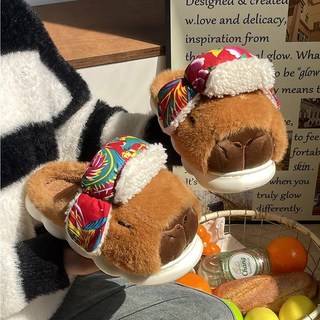 卡皮巴拉毛絨棉拖鞋 - 加厚保暖 防寒居家厚底毛毛情侶拖鞋 (冬季), 卡其色丨呆呆卡皮巴拉,36-37（適合35/36）