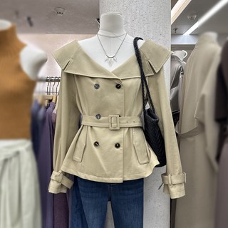 十三行 韓系輕熟風雙排扣卡其色短款風衣外套 女
