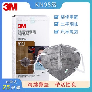 現貨正品！3M口罩 9541V/9542V活性炭 N95級孕婦可用防油烟汽車尾氣辦公室裝修甲醛粉塵霧霾, 1個, 耳帶無閥獨立裝1入【不滿25人發散裝】