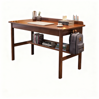 悅樂全實木書桌，兒童學習桌，附掛勾多層收納胡桃色實木書桌, 胡桃色