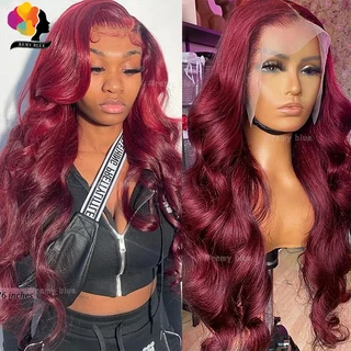흑인 여성용 버건디 바디 웨이브 레이스 프론트 가발 99J 레드 투명 13x6, 01 99J, 02 20인치, 04 13X6 150 Density