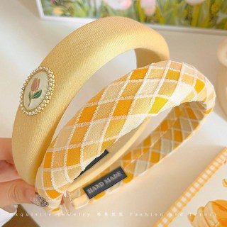 黃色甜美高顱發箍女款，2025新款，洗臉百搭寬邊壓發頭飾, 1個, 郁金香+大格