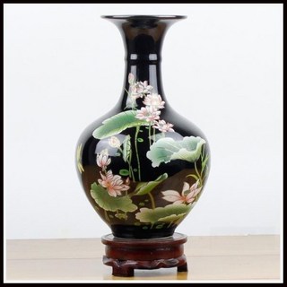 臺南出貨 批發價 高檔花瓶 花瓶 裝飾擺件 陶瓷擺件 景德鎮陶瓷烏金釉花瓶粉彩荷花賞瓶新中式客廳玄關酒櫃裝飾品擺件, 烏金釉賞瓶+送底座