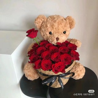 熊抱玫瑰永生花束 創意花束 送女生 閨蜜 媽媽 朋友 生日 畢業 七夕 情人節 聖誕禮物, 21朵紅玫瑰+40釐米泰迪熊