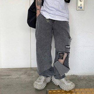 正韓 重磅水洗大破壞落地牛仔寬褲 J1190