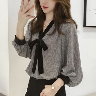 COSYEVNO 여성 봄 가을 체크 리본 넥 블라우스 LFHxfs-15