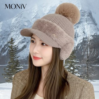 모니브 여성 겨울 골프모자 귀달이 토끼털 방한 니트, 브라운, 1개