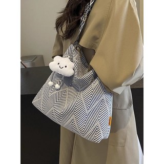 休閒大容量帆布包包女2025新款時尚百搭斜挎包寬肩帶通勤單肩大包, 藍色【升級款加厚耐磨】,單包+雲朵掛件