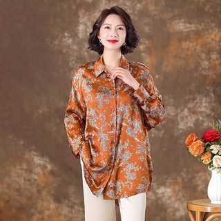 ROYALBELLE 여성 중년 엄마옷 빅사이즈 루즈핏 실크 긴팔 카라 프린팅 하프기장 셔츠 K051707
