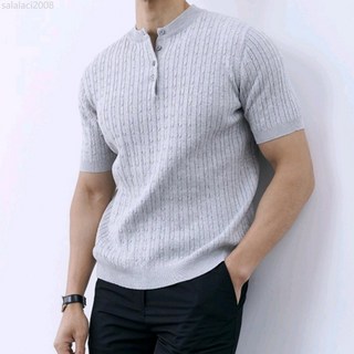 輕熟紳士 強扭紋路設計夏季亨利領短袖T恤男士商務休閒針織打底衫