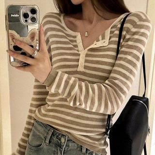 cammello 소프티 헨리넥 스트라이프 버튼 긴팔 티셔츠 여성 긴팔티