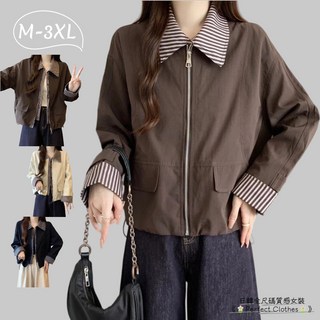 大尺碼拼接假兩件防風夾克外套 (M-3XL) 韓系短款秋裝大碼外套