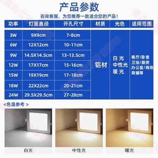 全館出貨 燈 Led面板燈 廚房衛生間筒燈 嵌入式LED燈 18W方形暗裝平板燈 6寸8寸10寸嵌入式方形LED燈, 1個, 方形暖光,3W（開孔70mm）