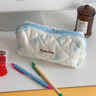 모란코 리본 체크 패브릭 천 필통 파우치, 1개, 스카이블루