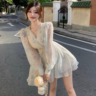 여성 브이넥 쉬폰 미니 원피스 여성용 얇은 쉬폰 롱슬리브 A라인 드레스 우아한 스타일 슬림핏 LT