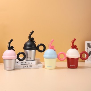 ins可愛兒童保溫杯簡約迷你小胖丁吸管杯不鏽鋼便攜帶手柄大肚杯批發, 粉色,600ml, 1個