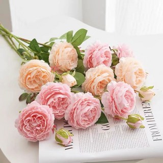 生活好物 仿真花假花牡丹玫瑰花花束幹花客廳餐桌擺設牡丹花擺件裝飾絹花, 1個, 粉色3支+香檳2支（15朵花）超划算